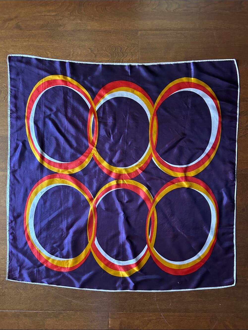 Vintage Bold Purple Scarf with Red, Yellow & White Circular Accents, Hand Rolled